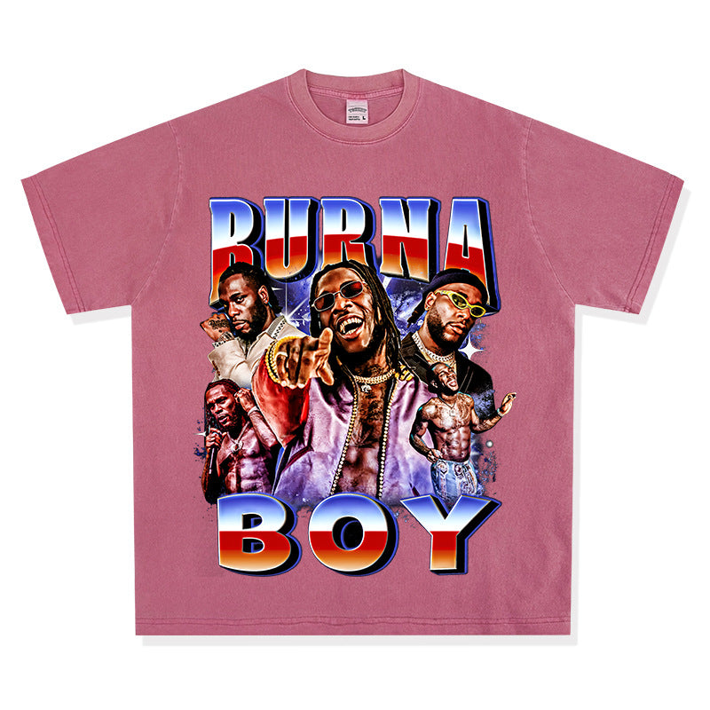 Streetwear masculino vintage hip hop Burna Boy print short sleeve t-shirt