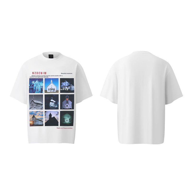 Stone Wash T shirt Building Print Short Sleeve T-Shirt