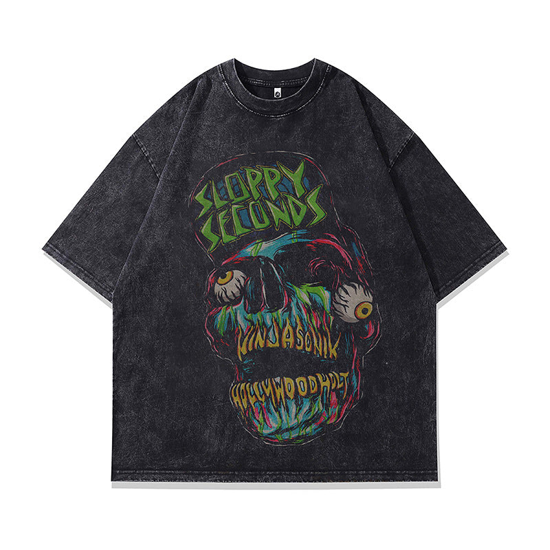 Ropa Vintage Hombre Skull Print Wash Water Short Sleeve T-Shirt
