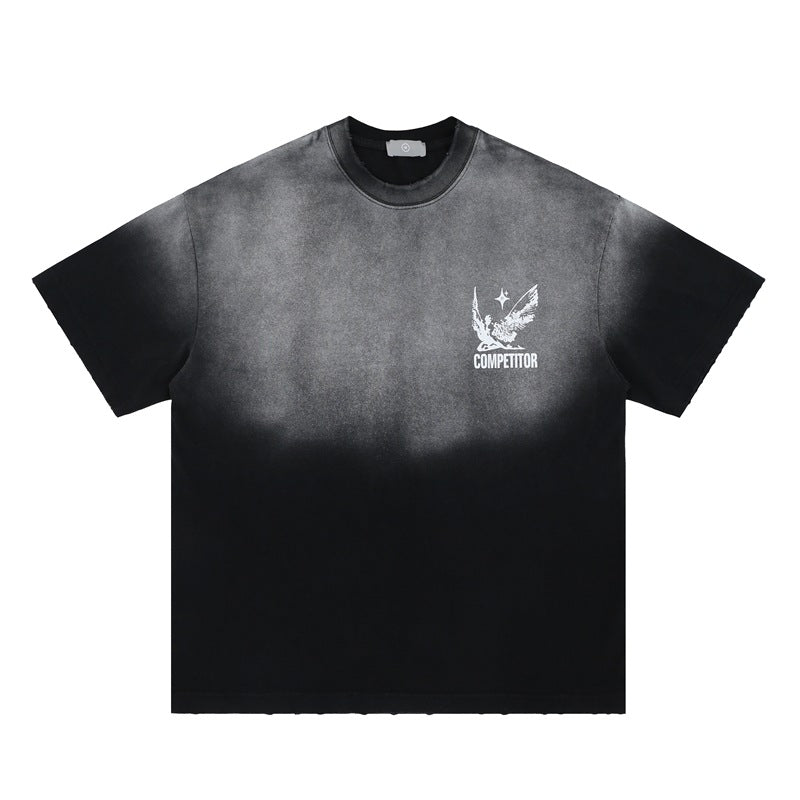 Vic Streetwear summer retro old gradual change washed letter print crew neck short sleeve T-shirt