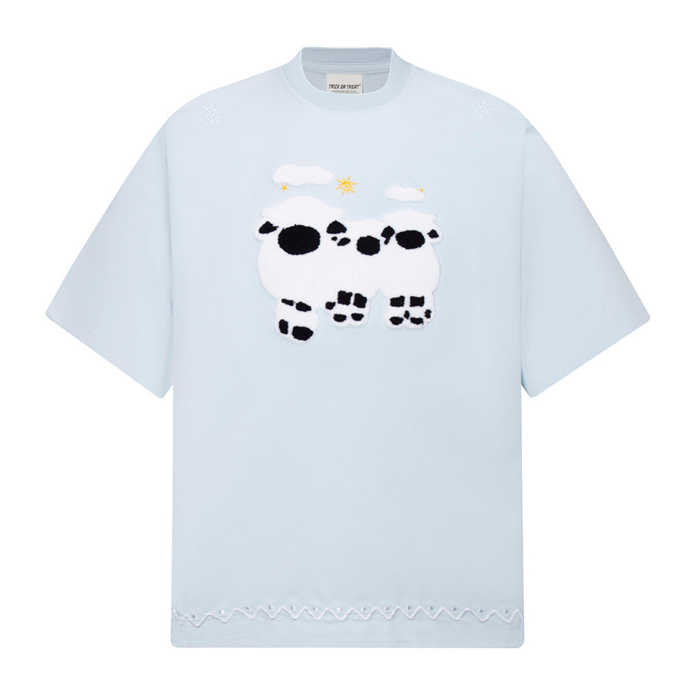New York Hip Hop Style Vintage Lamb Embroidered Short Sleeve T-Shirt Summer Oversize Casual Top