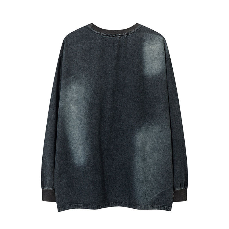 Marcas De Streetwear Letter Embroidered Loose Denim Long Sleeve T-Shirt