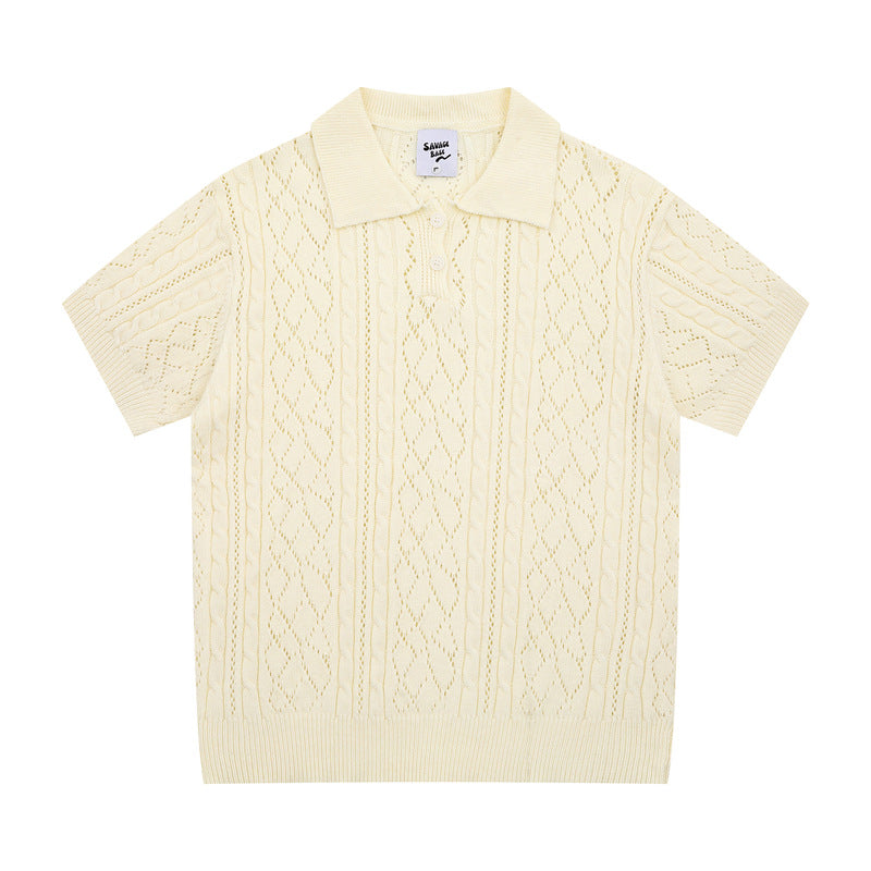 Hip Hop Shirts For Boys Vintage Summer Lapel Short Sleeve Sweater Knitted Men's Loose Top