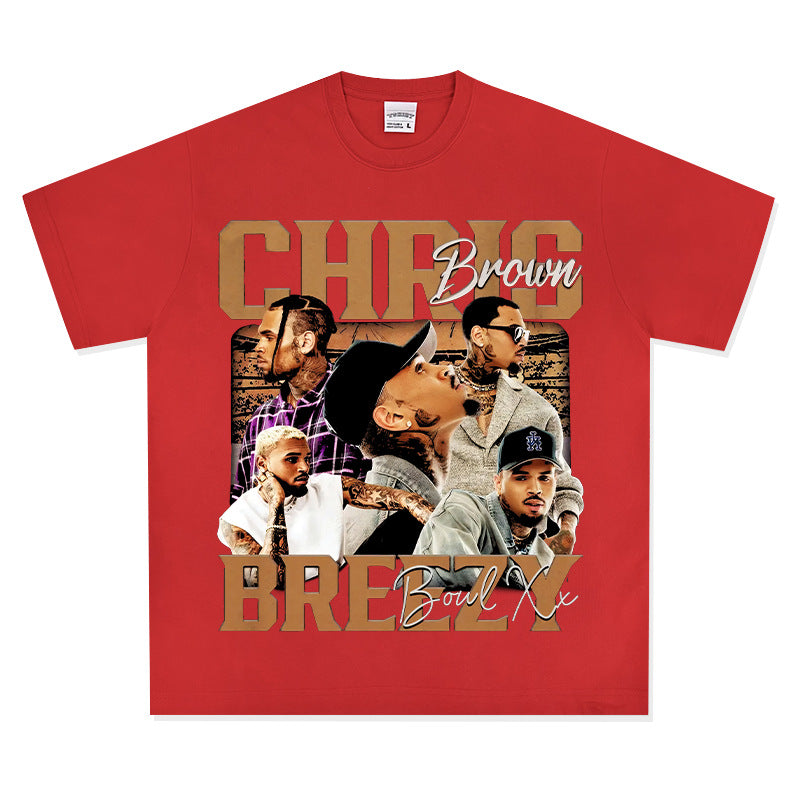 Streetwear masculino vintage hip hop Chris Brown print short-sleeved t-shirt