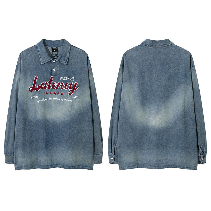 New York Hip Hop Style Washed Denim POLO Neck Long Sleeve T-Shirt Loose oversize