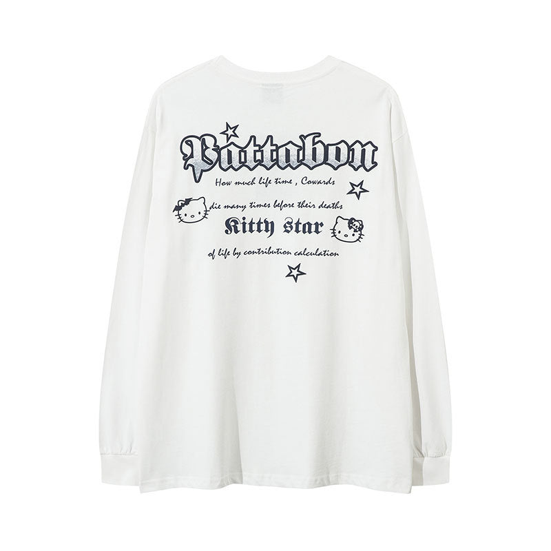 Marcas De Streetwear Vintage Cat Print Long Sleeve T-Shirt Loose Crew Neck Top