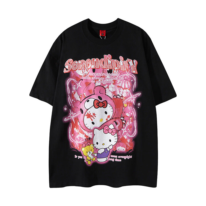 Nyc 1990 Shirt Summer Cartoon Printed Kitten Crew Neck T-Shirt