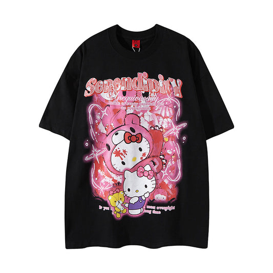 Nyc 1990 Shirt Summer Cartoon Printed Kitten Crew Neck T-Shirt