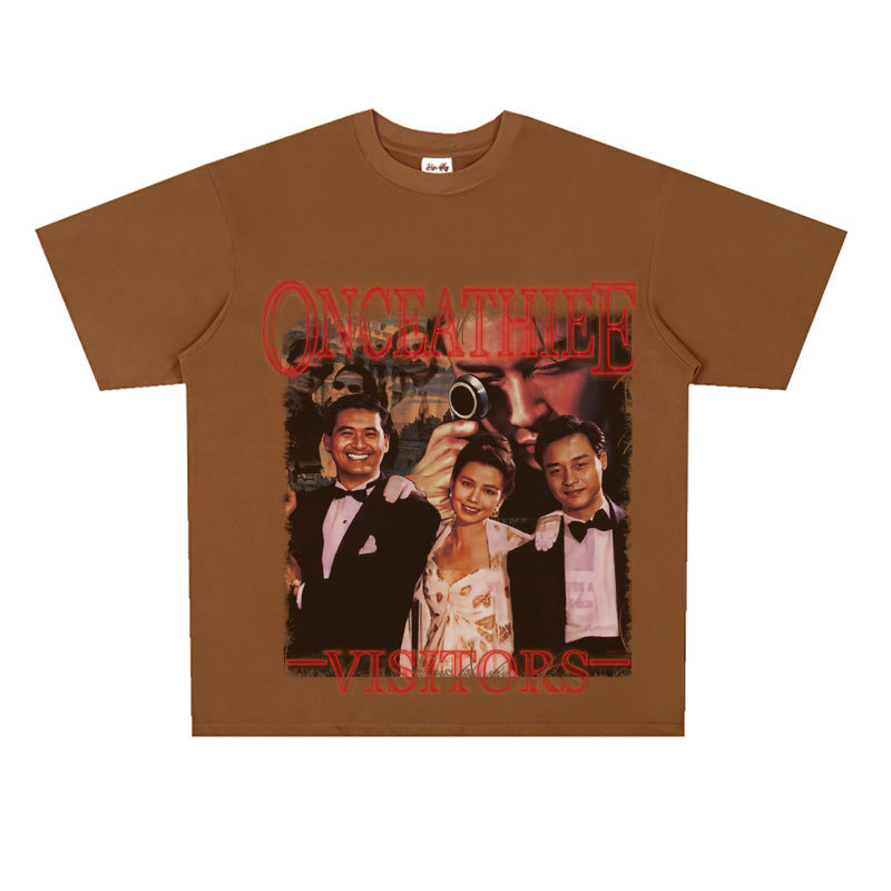 Film Star T Shirt Cotton Short Sleeve Loose round Neck Retro Nostalgic Heavy Printed T-shirt