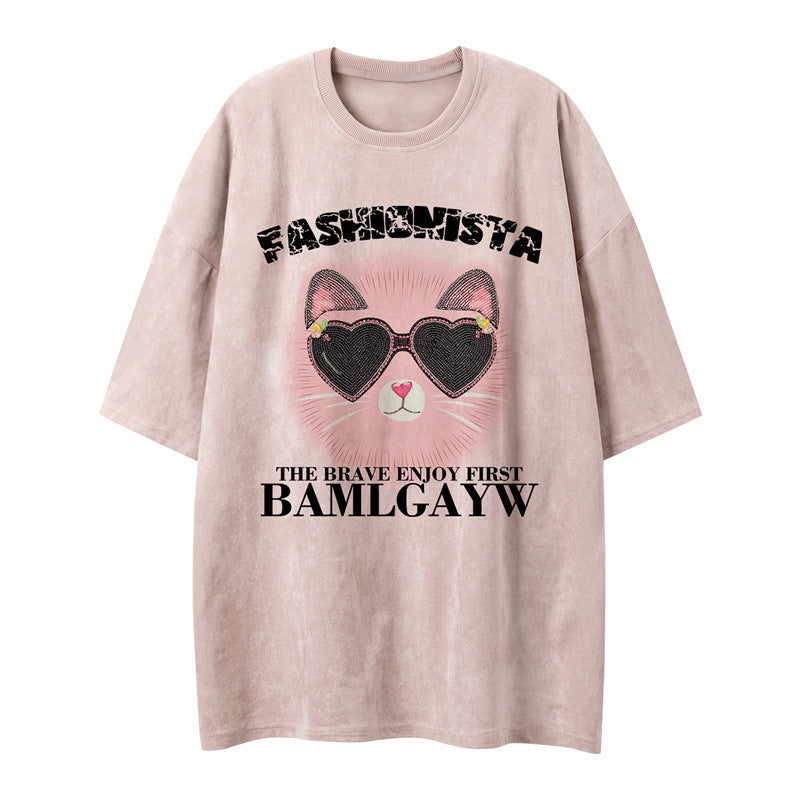 US drip outfits Summer Vintage Pussy Print Casual Loose Short Sleeve T-Shirts