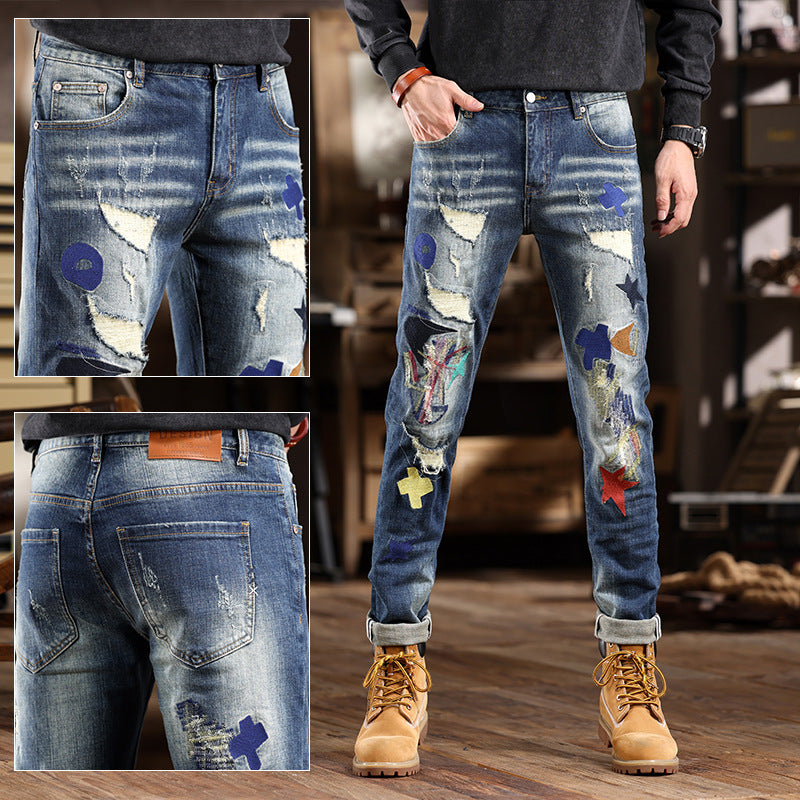 1990 Fashion Jeans Ripped Denim Embroidered Patch Graffiti Straight Pants