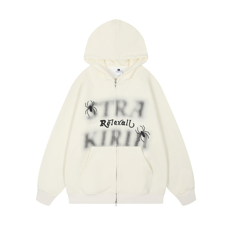 Streetwear Hoodie Vintage Spider Embroidered Hooded Sweater Loose Hip Hop Zip Cardigan Jacket