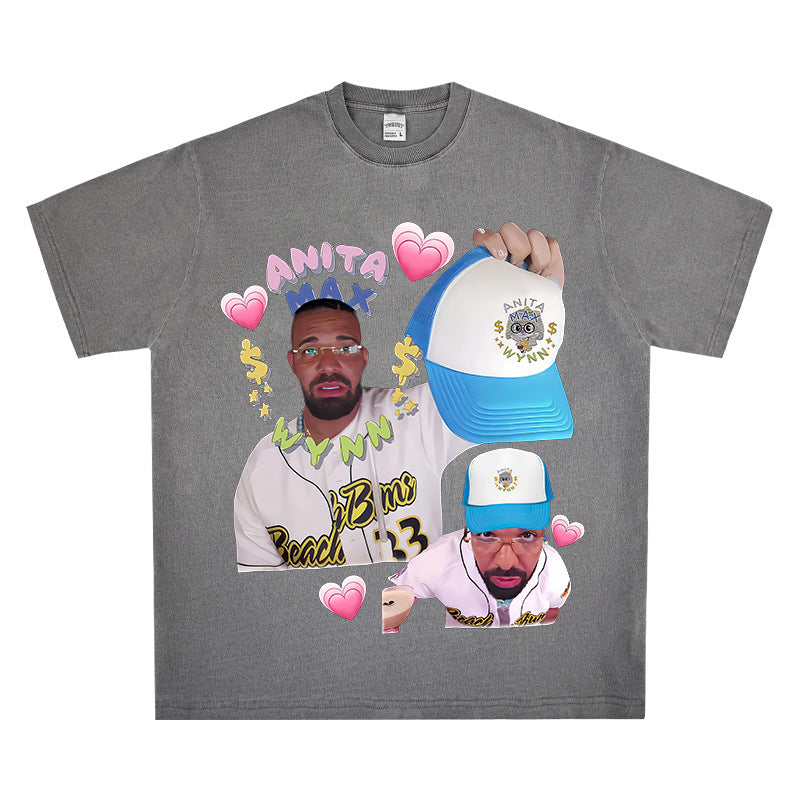 Outfit streetwear vintage hip hop drake print short sleeve t-shirt