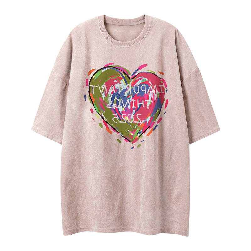 US drip outfits summer vintage color love graffiti casual loose short sleeve T-Shirts