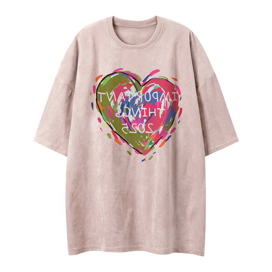 US drip outfits summer vintage color love graffiti casual loose short sleeve T-Shirts