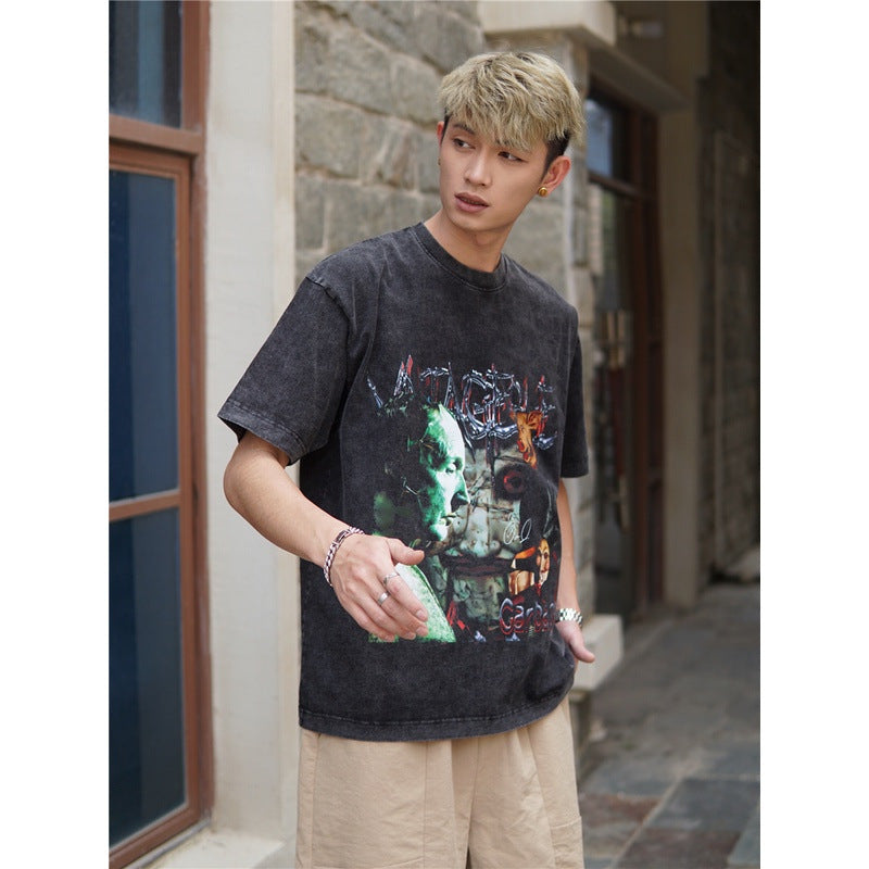 Film Star T Shirt Pure Cotton Loose Short Sleeve American Retro Trendy Printed round Neck T-shirt for Men