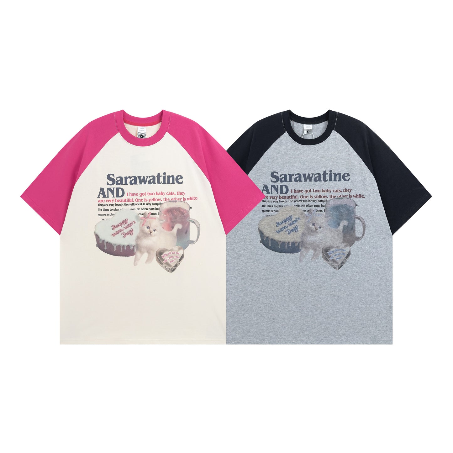 Unisex T-shirts Spring Vintage Alphabet Cat Loose Short Sleeve T-Shirt