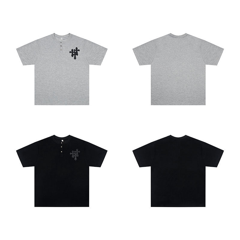 Marcas De Streetwear Vintage Cross Leather Embroidered Crew Neck Short Sleeve T-Shirt