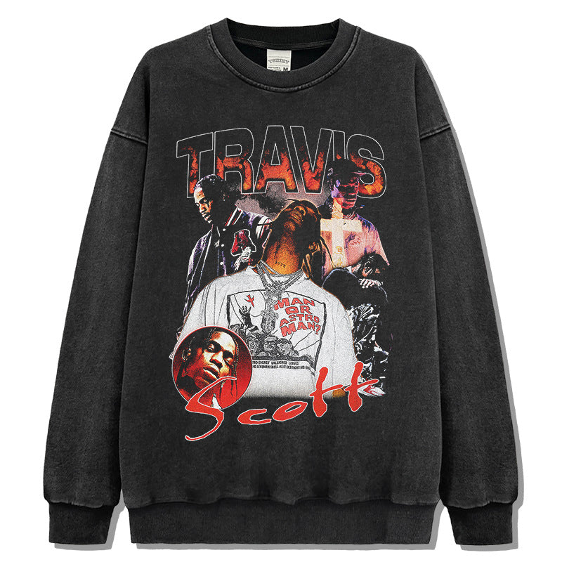 Marcas streetwear usa vintage TRAVIS SCOTT print crew neck sweater loose