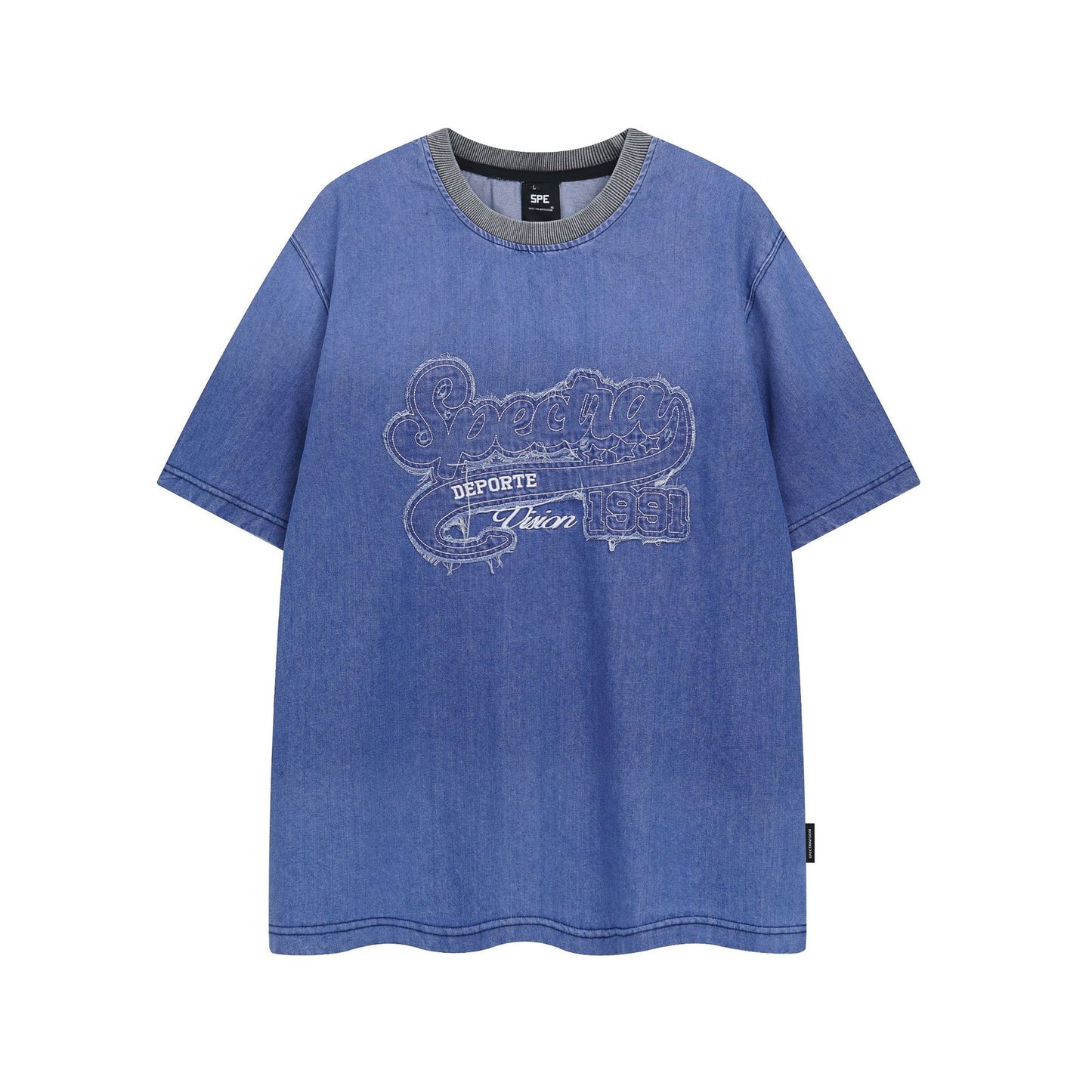 Retro Style Shirt For Men Summer Vintage Embroidery gradual change color washed denim t-shirt short sleeve