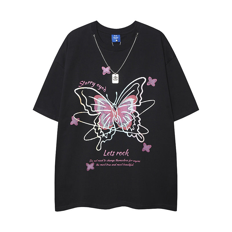 Casual Street Wear Summer Short Sleeve T-Shirt Butterfly Pendant Necklace Loose
