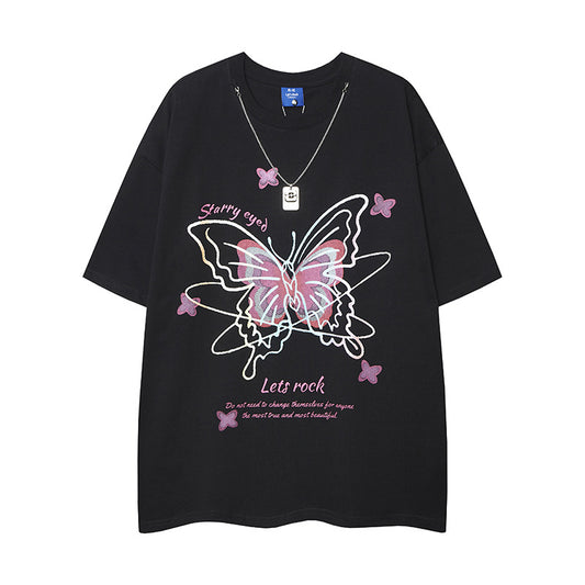 Casual Street Wear Summer Short Sleeve T-Shirt Butterfly Pendant Necklace Loose