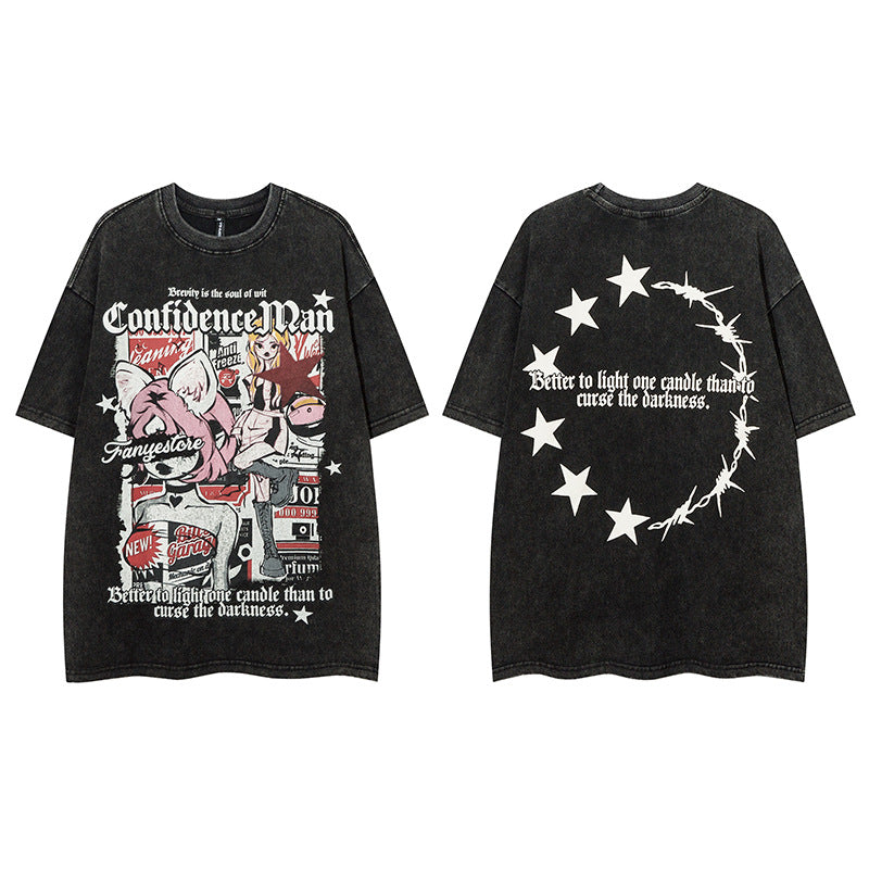 Vintage T Shirts Hip Hop Cartoon Anime Printing Washing Water Old Short Sleeve T-Shirt