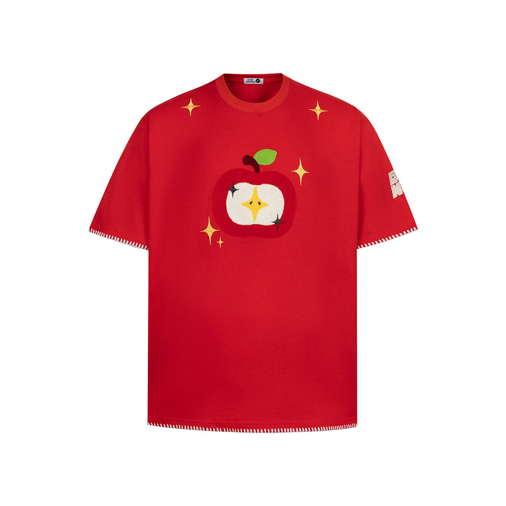 Hip Hop Clothes New York Vintage Embroidered Short Sleeve T-Shirt Crew Neck Apple Pattern Top