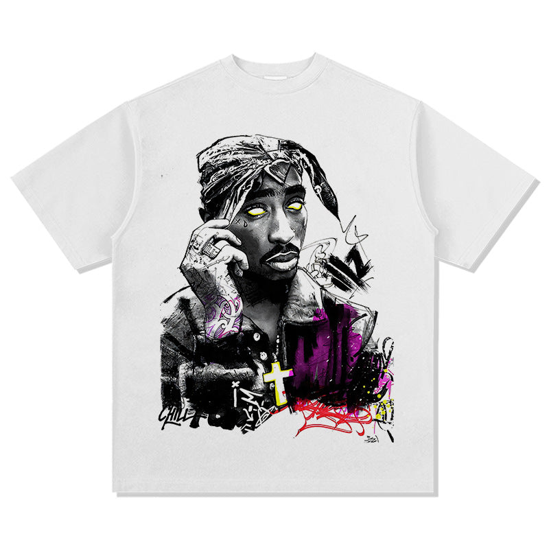Cool t rapper vintage tupac print hip hop short sleeve wash do old t-shirt