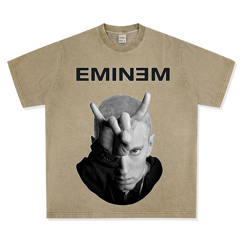 Streetwear masculino hip hop emperor Eminem vintage washed do old short sleeve t-shirt