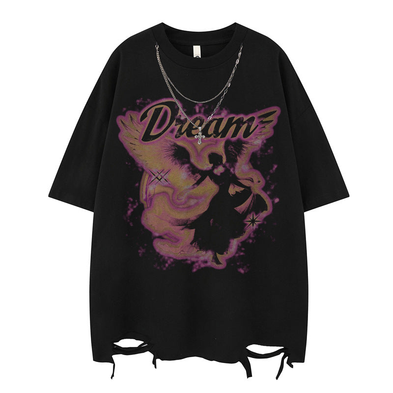 US drip outfits Summer Vintage Angel Muse Casual Loose Short Sleeve T-Shirts