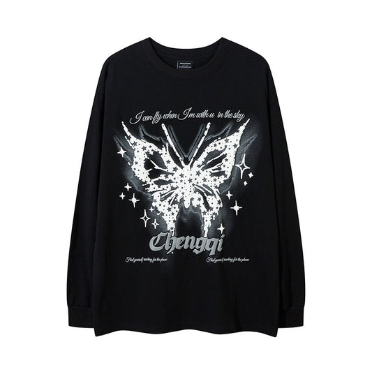 Marcas De Streetwear Autumn Long Sleeve T-Shirt Butterfly Graffiti Print Loose Top