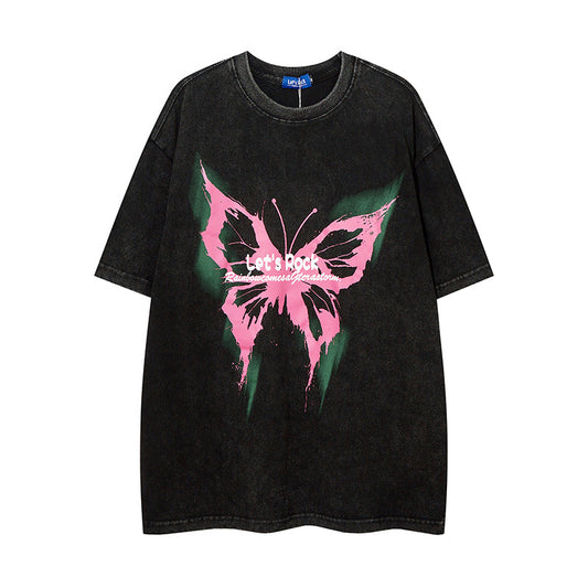 Vintage T Shirts Hip Hop Retro Butterfly Print Wash Short Sleeve T-Shirt