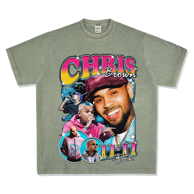 Streetwear masculino vintage Chris Brown print short sleeve t-shirt vintage