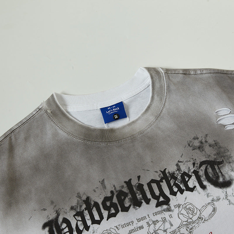 Camisas Retros cut holes and wash gradual change old letter print short sleeve t-shirt