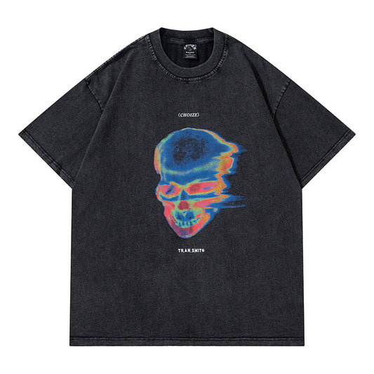 Hip Hop Clothes New York Skull Print Short Sleeve T-Shirt Loose Crew Neck