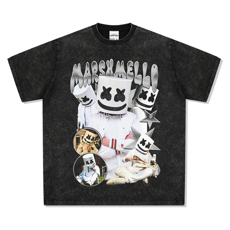 Streetwear masculin MARSHMELLO vintage hip hop rap print short sleeve t-shirt