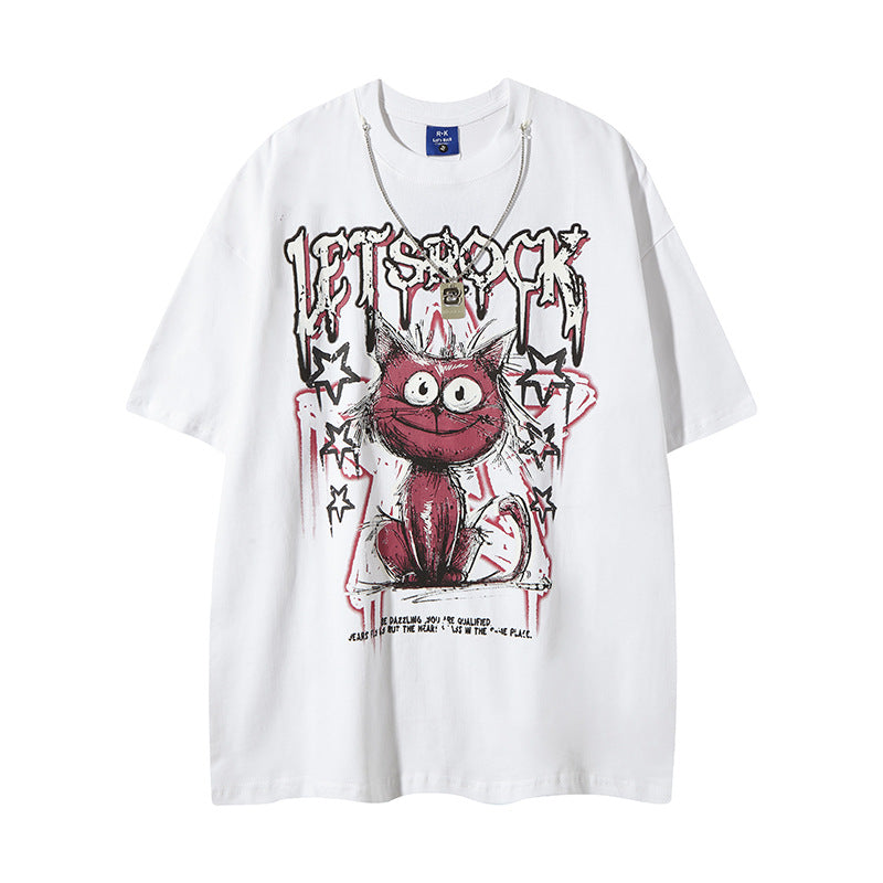 Nyc T-Shirt Cat Graffiti Letter Strap Necklace Short Sleeve T-Shirt Hip Hop Loose T-Shirt