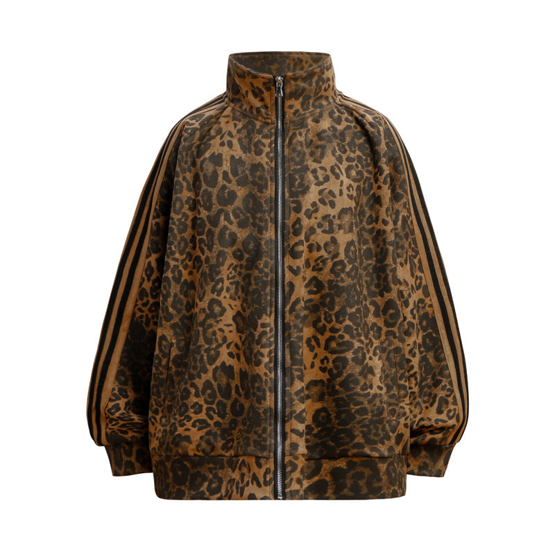 Streetwear Hoodie Vintage Leopard Sweater Loose Zip Stand-Up Jacket