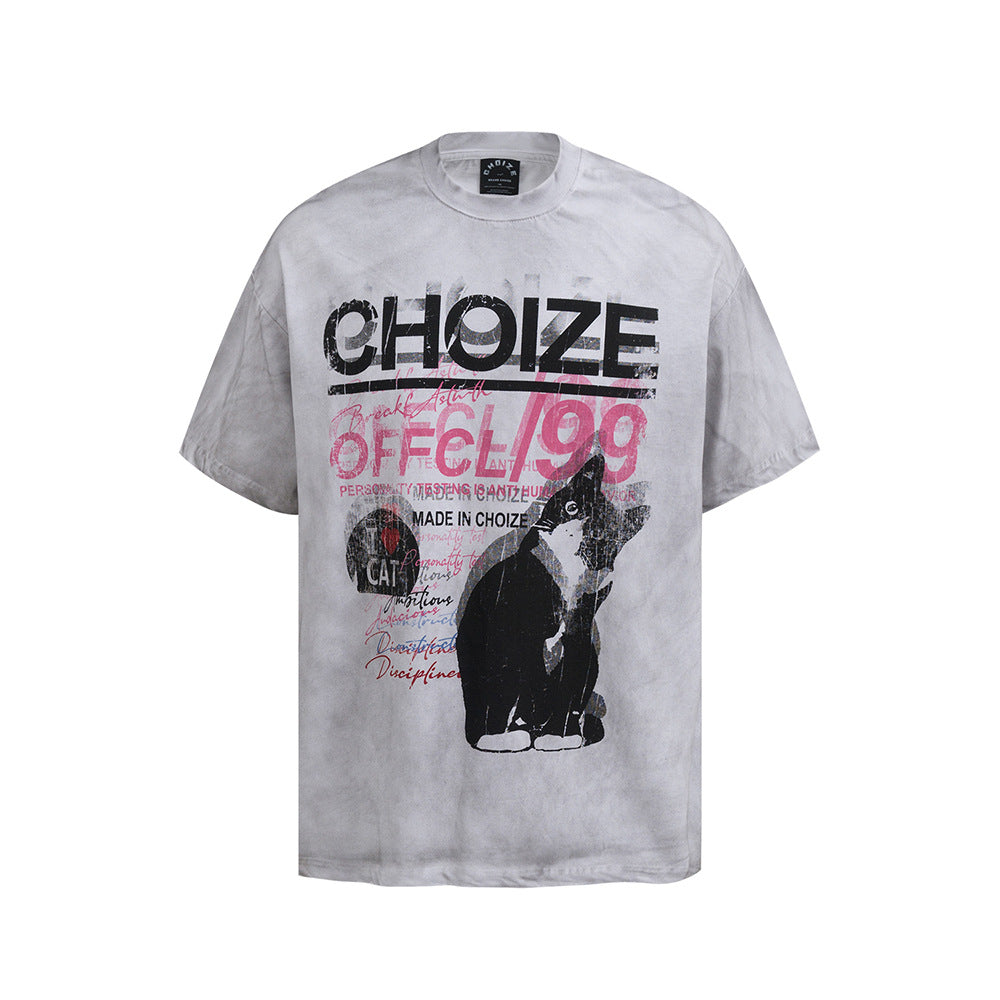 Nostalgia T Shirts Vintage Cartoon Cat Letter Print Short Sleeve T-Shirt oversize
