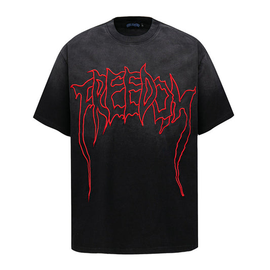 Retro Style Shirt For Men Summer Flame Letter Embroidery Short Sleeve T-Shirt