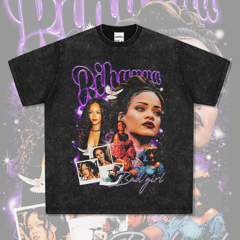 Streetwear masculino hip hop vintage Rihanna print short sleeve t-shirt VINTAGE