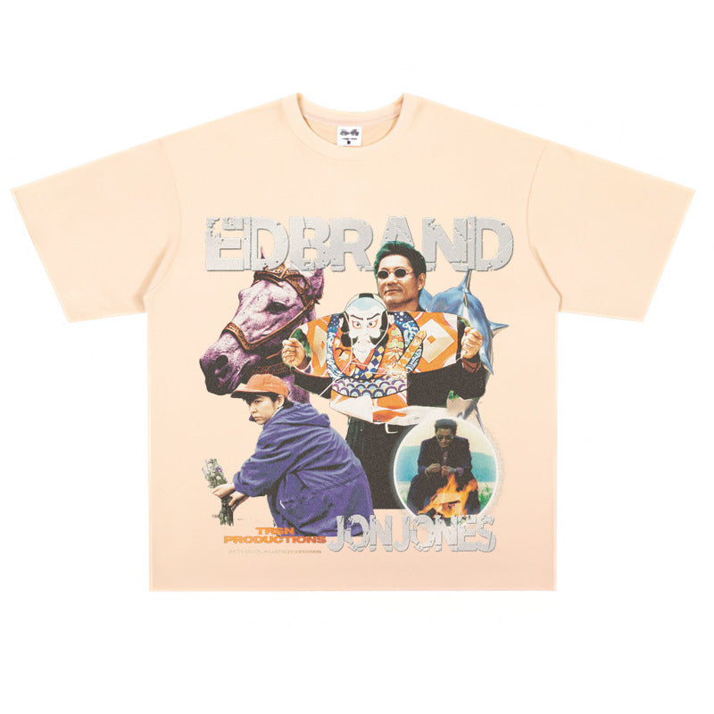 Film Star T Shirt Loose American Retro Heavy round Neck Street T-shirt for Men and Women