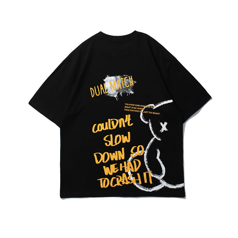 Vice streetwear bear graffiti print short sleeve T-shirt loose round neck T-Shirts