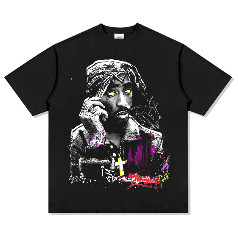Cool t rapper vintage tupac print hip hop short sleeve wash do old t-shirt