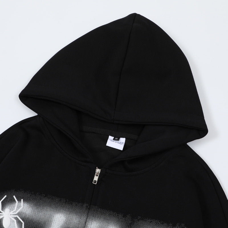 Streetwear Hoodie Vintage Spider Embroidered Hooded Sweater Loose Hip Hop Zip Cardigan Jacket