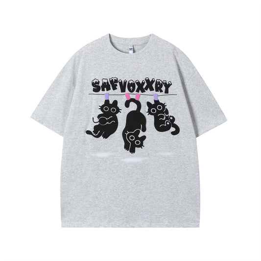 Vintage Tišö Rt Cat Short Sleeve T-Shirt Summer Casual Couple Loose Top