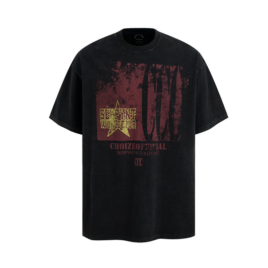Retro Style Shirt For Men Summer Vintage Washed Old Pentagram Printed Loose T-Shirt Short Sleeve