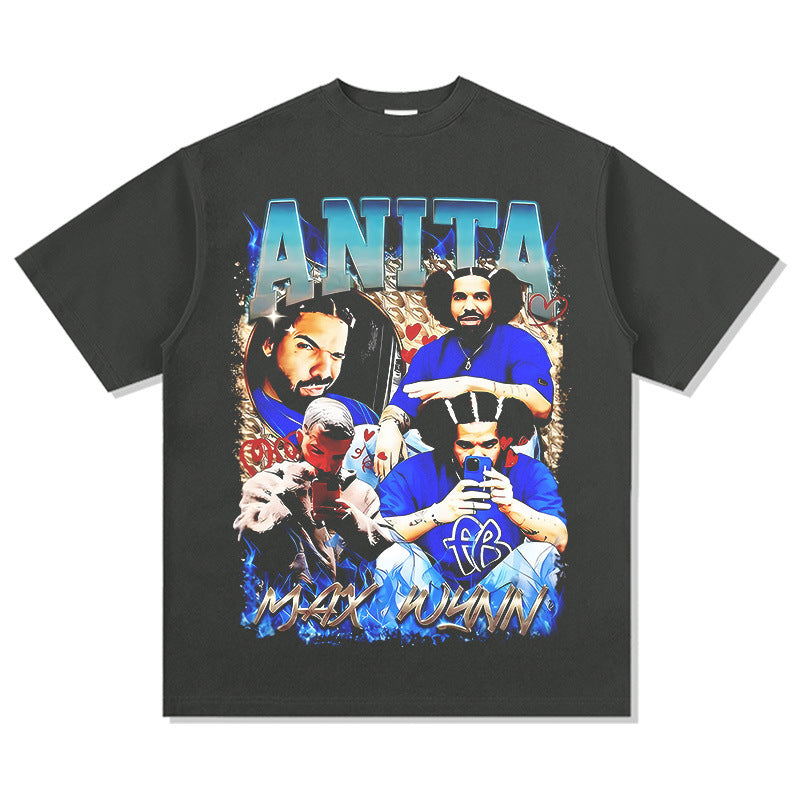 Marcas streetwear usa vintage hip hop Drake AnitaMaxWin print short sleeve t-shirt