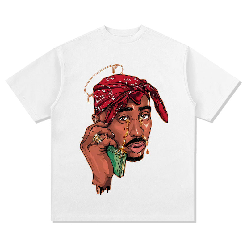 Streetwear masculino vintage hip hop tupac print short sleeve t-shirt
